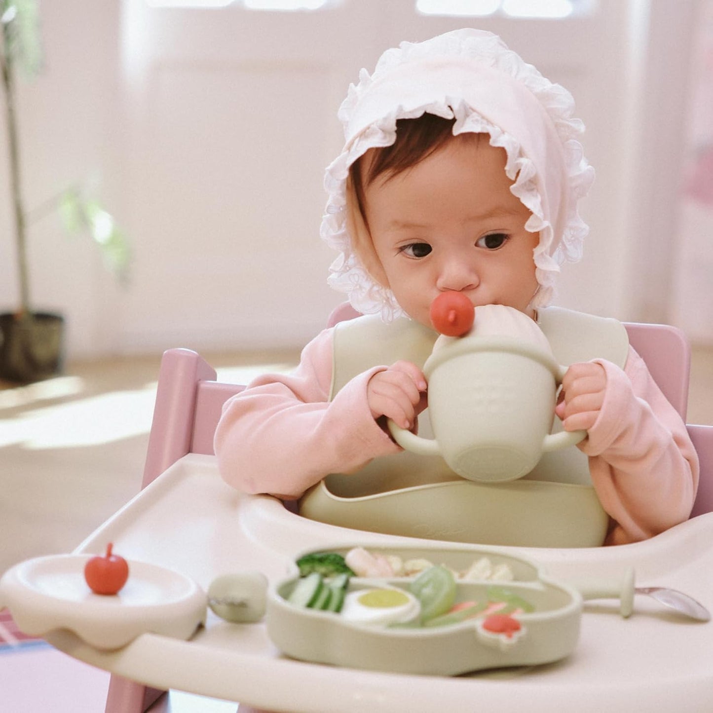 Silicone Baby Feeding Set, Gelato Collection Baby Led Weaning Supplies, First Self-Feeding Ice Cream Set, Silicone Suction Bowl with Cherry Lid & Plate, Straw Cup & Bib, Fork & Spoon - Pink