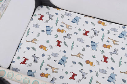 Onacosht Pack and Play Sheets 3 Pack for Baby Boy, Stretchy Jersey Knitted Portable Mini Crib Sheets Playard Mattress Cover, Woodland Animal Elephant Fox Lion Bear Giraffe Zebra Printing