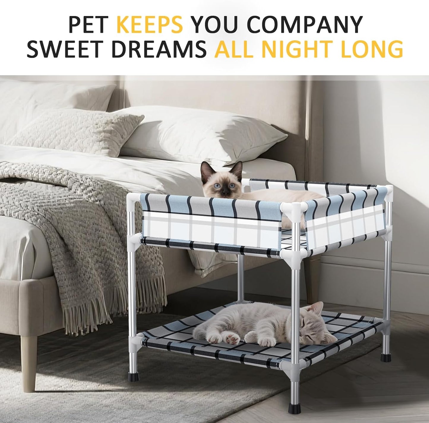 Bedside Window Dog Bunk Bed - Double Elevated Human Dog Bed with Guardrail 2 Layers Window Perch Dogs Cot 2-Tier Bedside Sleeper for Multi-Pet Households (34'' x 20'' x 25'')