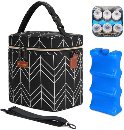 Mancro Breastmilk Cooler Bag with Ice Pack, Fits 6 Baby Bottles Up to 9 Ounce Insulated Baby Bottle Bag, Breast Milk Cooler on The go with Strap, Bottle Storage Bag for Nursing Mom Daycare, Black