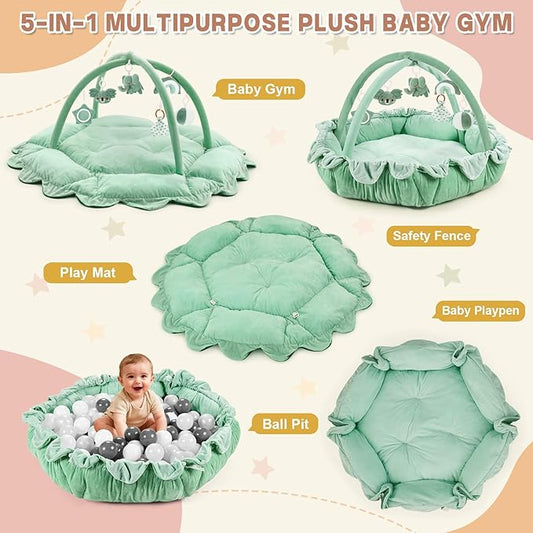 5-in-1 Baby Activity Gym & Play Mat with 6 Hanging Toys, Tummy Time Mat & Cards - Extra Large, Reversible Machine Washable Pad - Gift for Newborns, Infants 0-12 Months, Sage Green