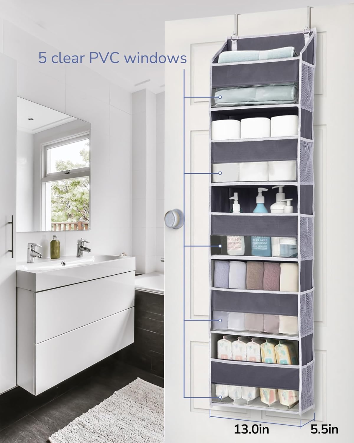 ULG 1 Pack Over Door Organizer with 5 Large and 10 Mesh Side Pockets, 44 lbs Weight Capacity Hanging Storage with Clear Window Kids Toys, Shoes, Diapers, Dark Grey, 5 Layers
