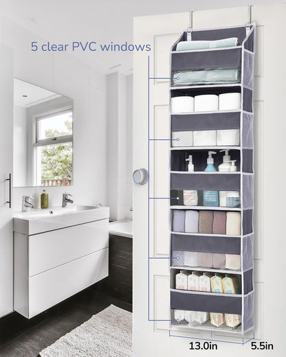 ULG 1 Pack Over Door Organizer with 5 Large and 10 Mesh Side Pockets, 44 lbs Weight Capacity Hanging Storage with Clear Window Kids Toys, Shoes, Diapers, Dark Grey, 5 Layers