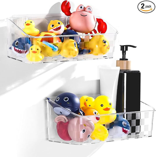 Bath Toy Storage Holder For Bathtub, Wall Mounted Shower Bath Tub Baby Toy Organizer, Hanging Clear Plastic Shower Caddy for Bathroom，2 PACK