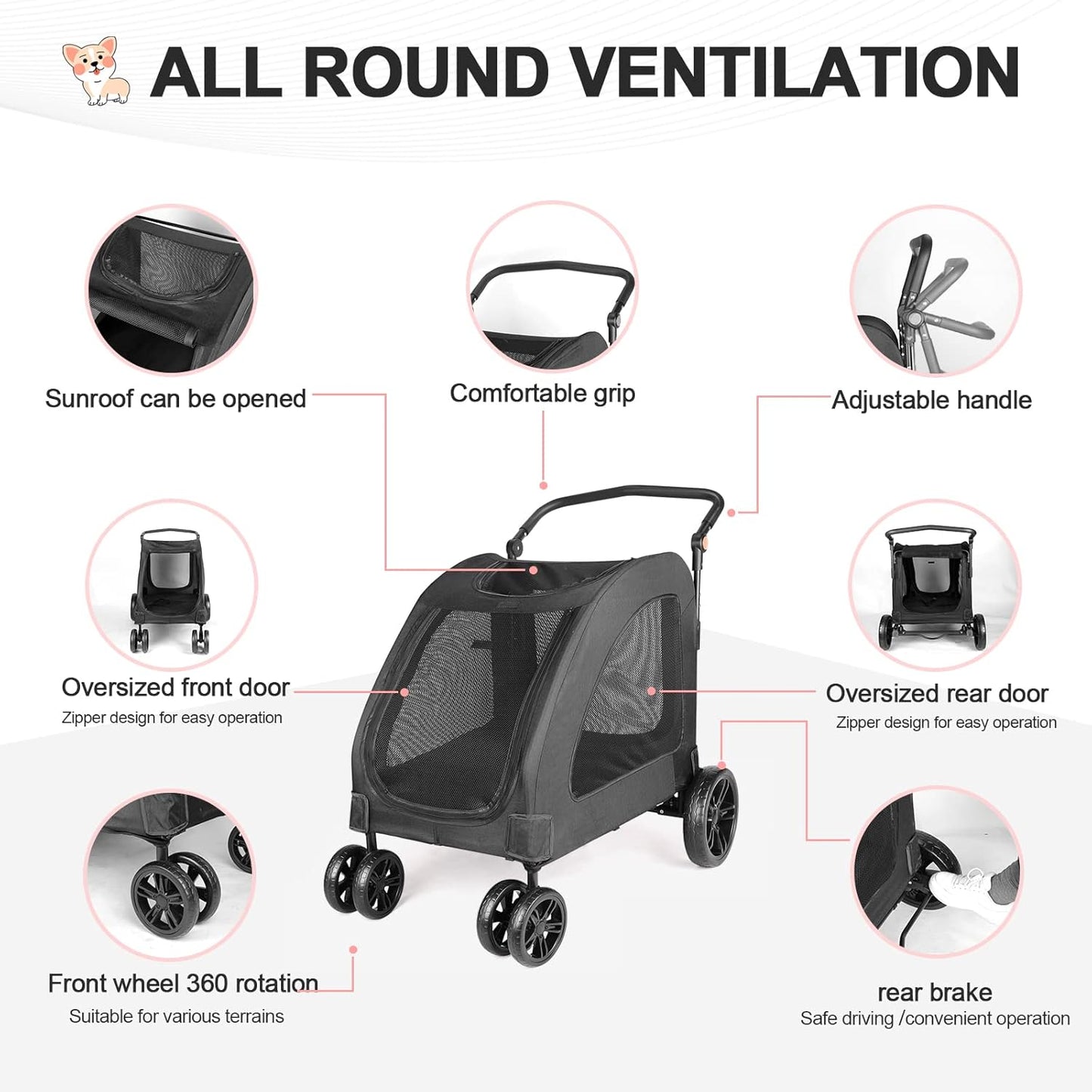 Large Dog Travel Stroller with 4 Heavy Duty Wheels Pet Stroller with Adjustable Handle - Double Doggie Capacity Jogger Wagon with Back Front Door for Small Medium Large Dogs (Dark Light Gray)