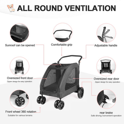 Large Dog Travel Stroller with 4 Heavy Duty Wheels Pet Stroller with Adjustable Handle - Double Doggie Capacity Jogger Wagon with Back Front Door for Small Medium Large Dogs (Dark Light Gray)