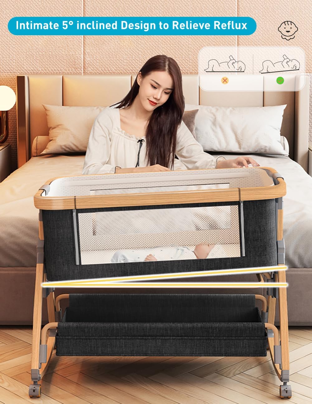 Baby Bassinet, Bedside Bassinet for Baby, 4 in 1 Portable Bassinet Bedside Sleeper with Wheels Mosquito Net & Storage Basket, 6 Height Adjustable Rocking Bassinet for Newborn Baby