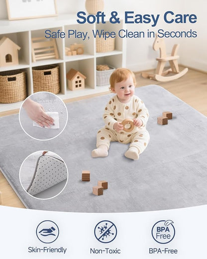 Large Thick Baby Play Mat for Floor,Padded 50x65 Playpen Mat,Foam Tummy Time Mats,Soft Support&Plush Feel Nursery Rug,Non Slip for Toddler,Infants,Kids Play,Yoga,Baby Crawling Mats (Light Grey)