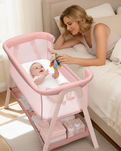 Baby Bassinet, Bedside Bassinet for Baby, Bassinet Bedside Sleeper with Mattress, Storage Basket and 4 Auto-Lock Wheels, Full-Mesh Sides, Bedside Mini Crib for Newborn (Beige)