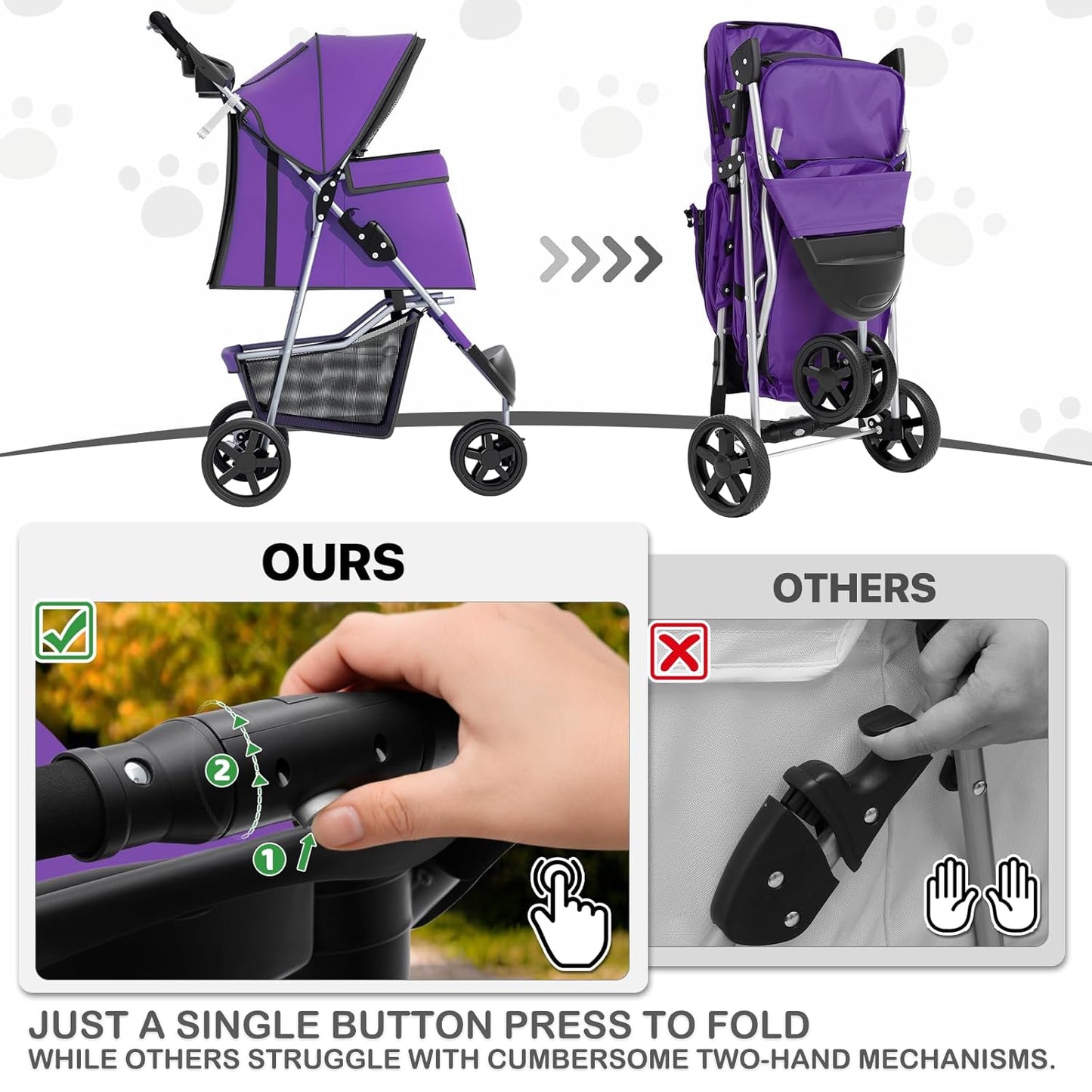 MoNiBloom Foldable Pet Stroller with Weather Cover, 3 Wheels Pet Strolling Cart for Small/Medium Dogs and Cats with Storage Basket and Cup Holder, Breathable and Visible Mesh for All-Season, Black