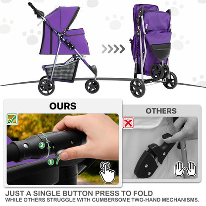 MoNiBloom Foldable Pet Stroller with Weather Cover, 3 Wheels Pet Strolling Cart for Small/Medium Dogs and Cats with Storage Basket and Cup Holder, Breathable and Visible Mesh for All-Season, Black