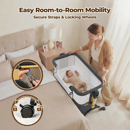 Ezebaby 3 in 1 Baby Bassinet Bedside Sleeper, Rocking Bassinet for Baby with Comfy Mattress & Breathable Full Mesh Sides, 7 Height Adjustable | Portable Crib for Newborns with Lockable Wheels