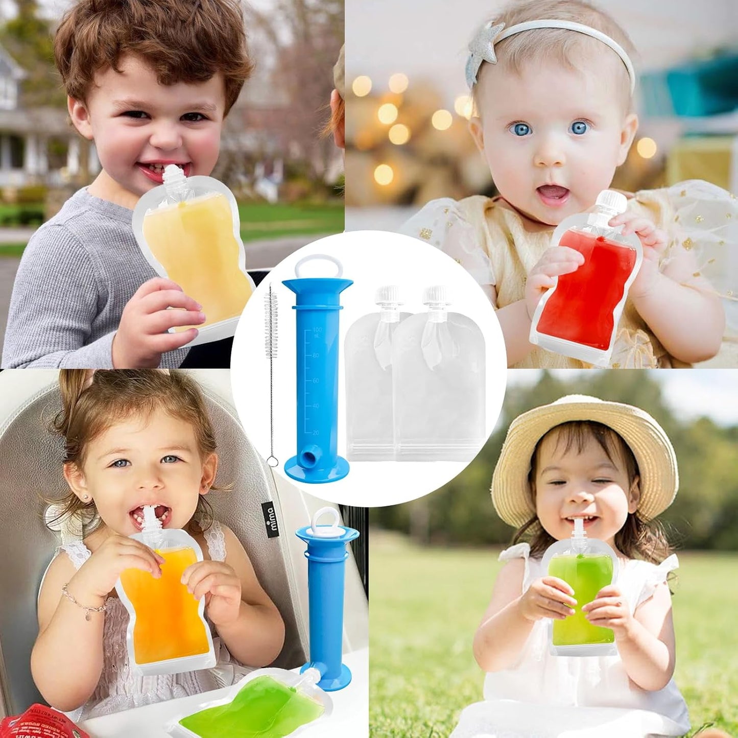 Newmemo 6PCS Reusable Baby Food Pouches Filler Kit Baby Food Pouch Maker for Applesauce Yogurt Smoothie Refillable Fruit Puree Pouch Filling Station Portable Juice Puree Squeezer Storage Bags for Todd