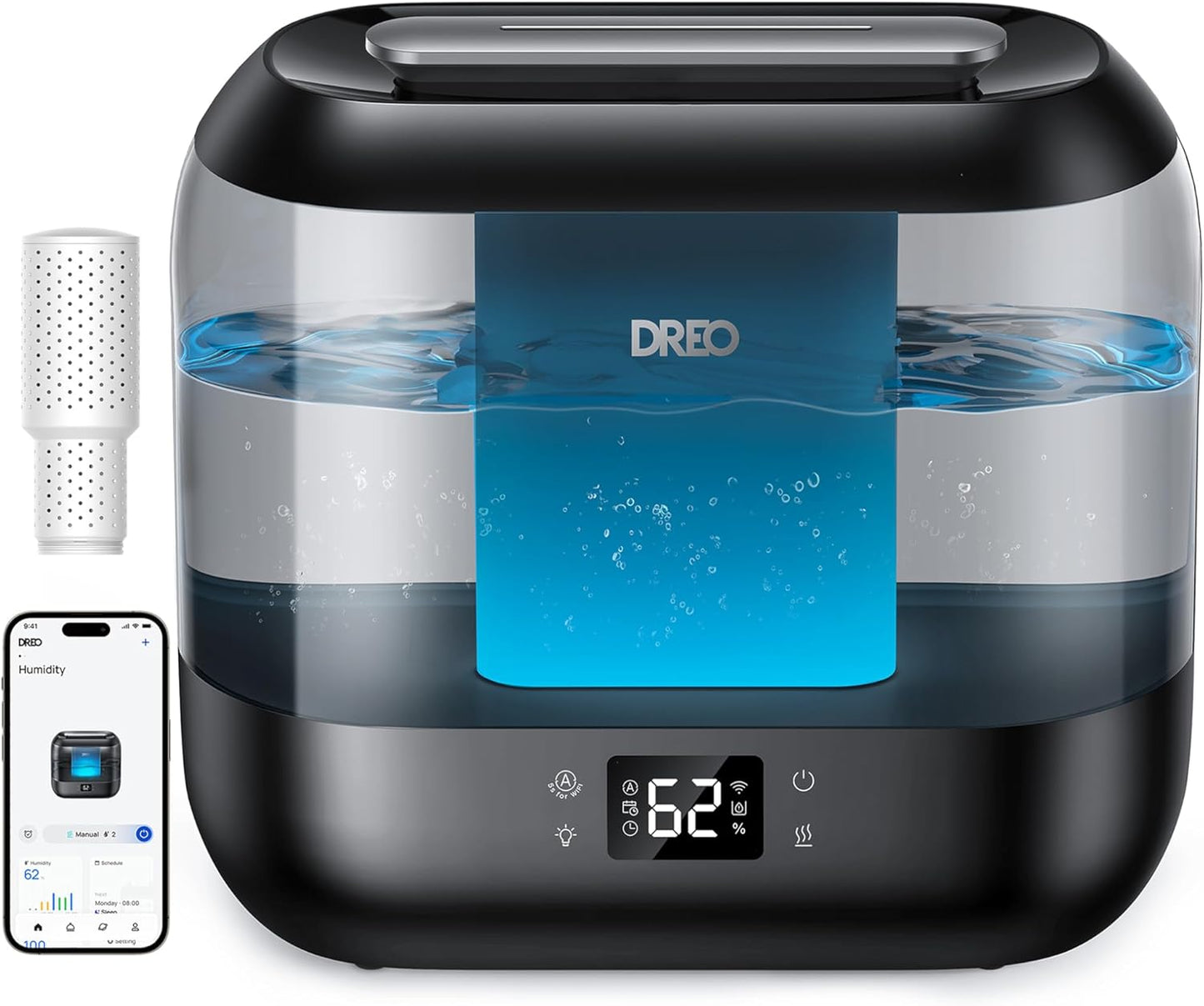 Dreo Smart Humidifiers for Bedroom, Top Fill 4L Supersized Humidifier Large Room with 28 dB, 36H Runtime, Touch/APP/Voice Control, Nightlight, Cool Mist Humidifiers for Baby, Plants, Indoor, Black