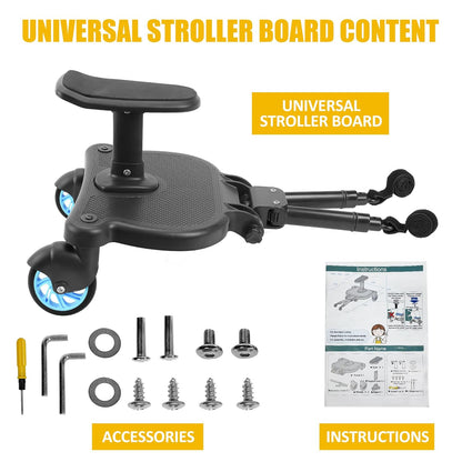 2026 New-Universal Stroller Board with Detachable Seat, 2in1 Sit and Stand Stroller Connectors for Most Strollers, Holds Children Up to 55 LBs Stroller Standing Board(Black)