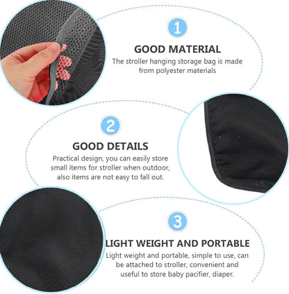 Stroller Side Bag - Bike/Stroller Organizer, Hook & Loop Easy Attach - Mesh Design, Non-Slip Straps, mom Cozy Stroller Organizer, Stroller Accessories, Black (BLACK 2PCS)