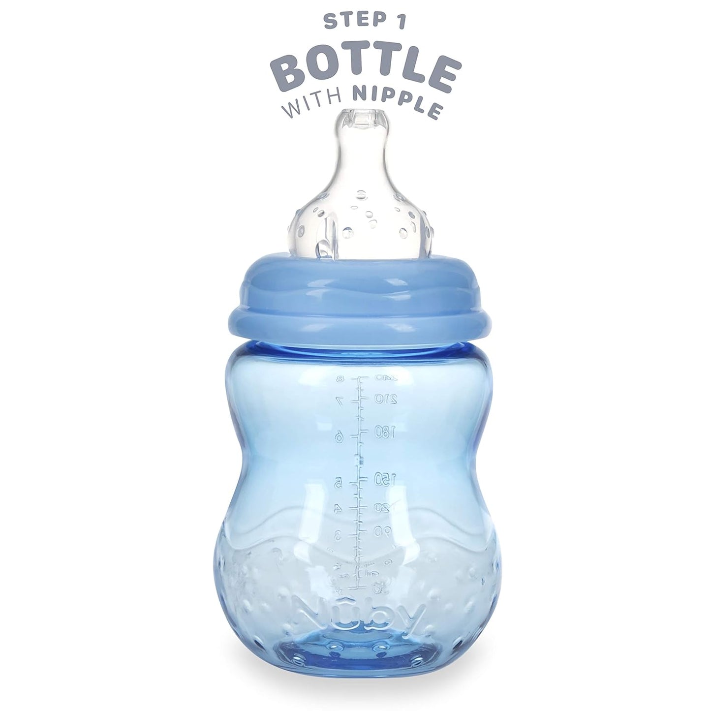 Nuby 3 in 1 Baby Bottle to Training Sippy Cup - 8 Oz Toddler Cups Spill Proof with Soft Spout, Nipple & Removable Grip Handles - Dishwasher Safe - Blue