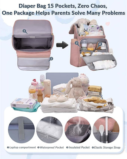Baby Diaper Bag Backpack, 15 Pockets Newborn Baby Essential Travel bag, Multi Function Water Resistant Tote bag, Balancing Work and Life for Mon and Dad Pink