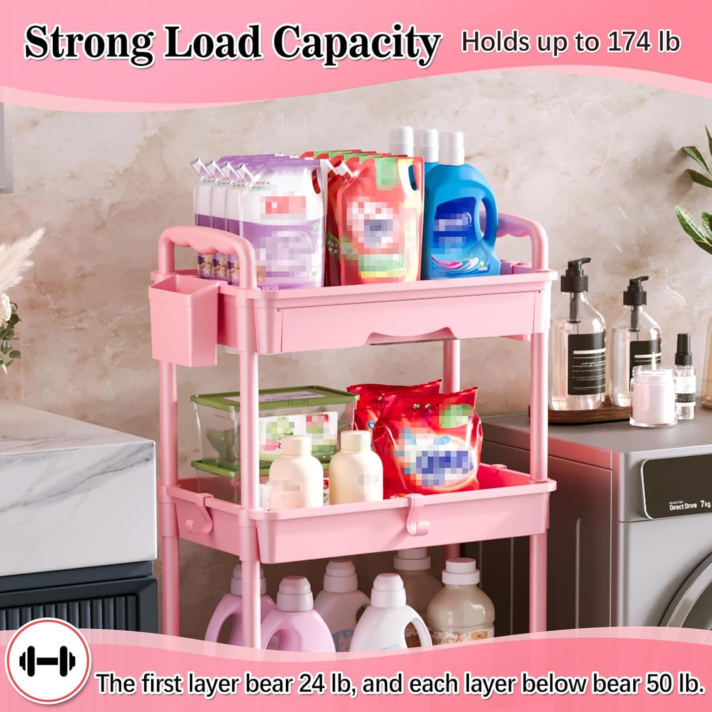 SUNALLY 3 Tier Rolling Cart with Drawer, Bathroom Storage Organizer with 2 Lockable Wheels, Multifunctional Rolling Storage Cart for Bathroom, Kitchen, Office, Craft, Makeup, Baby Essentials, White