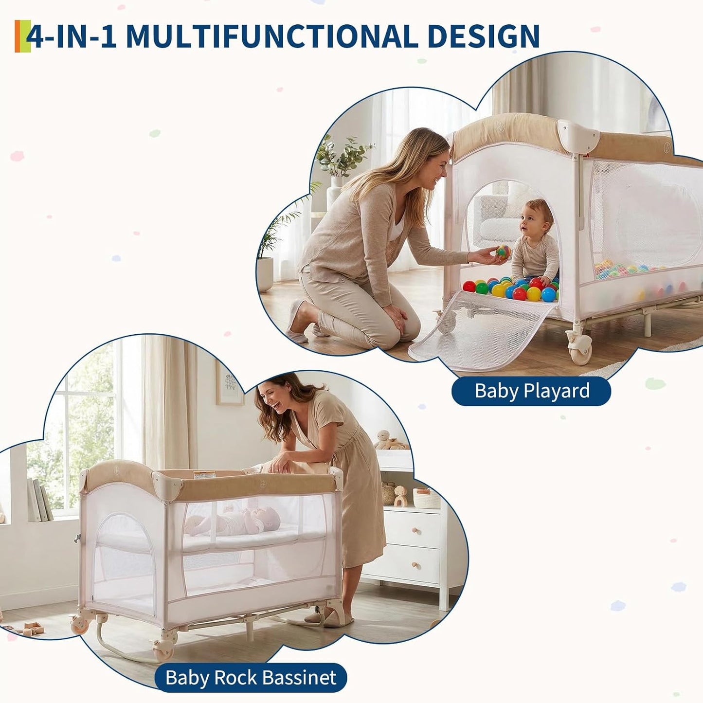 4 in 1 Baby Playard, Portable Bedside Crib with Rocking Bassinet & Diaper Changer, Infant Pack and Play with Mattress, Large Toddler Playpen, Newborn Changing Table, Storage Pocket & Rotating Toy Bar