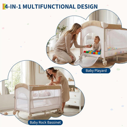 4 in 1 Baby Playard, Portable Bedside Crib with Rocking Bassinet & Diaper Changer, Infant Pack and Play with Mattress, Large Toddler Playpen, Newborn Changing Table, Storage Pocket & Rotating Toy Bar