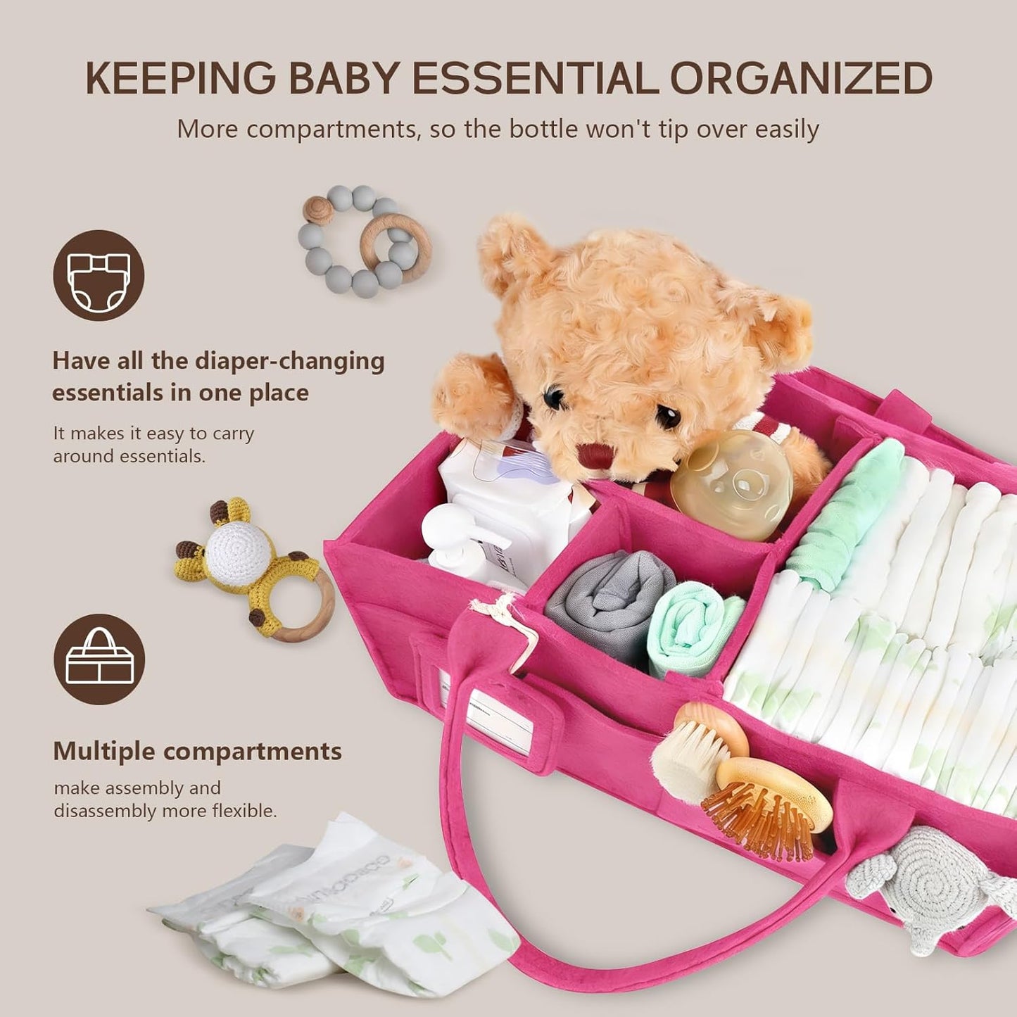 GEMII Diaper Caddy Organizer-Large Baby Caddy Organizer with Handle, Newborn Registry Essentials, Baby Shower Basket Gifts for Boys or Girls (Oatmeal, Large)