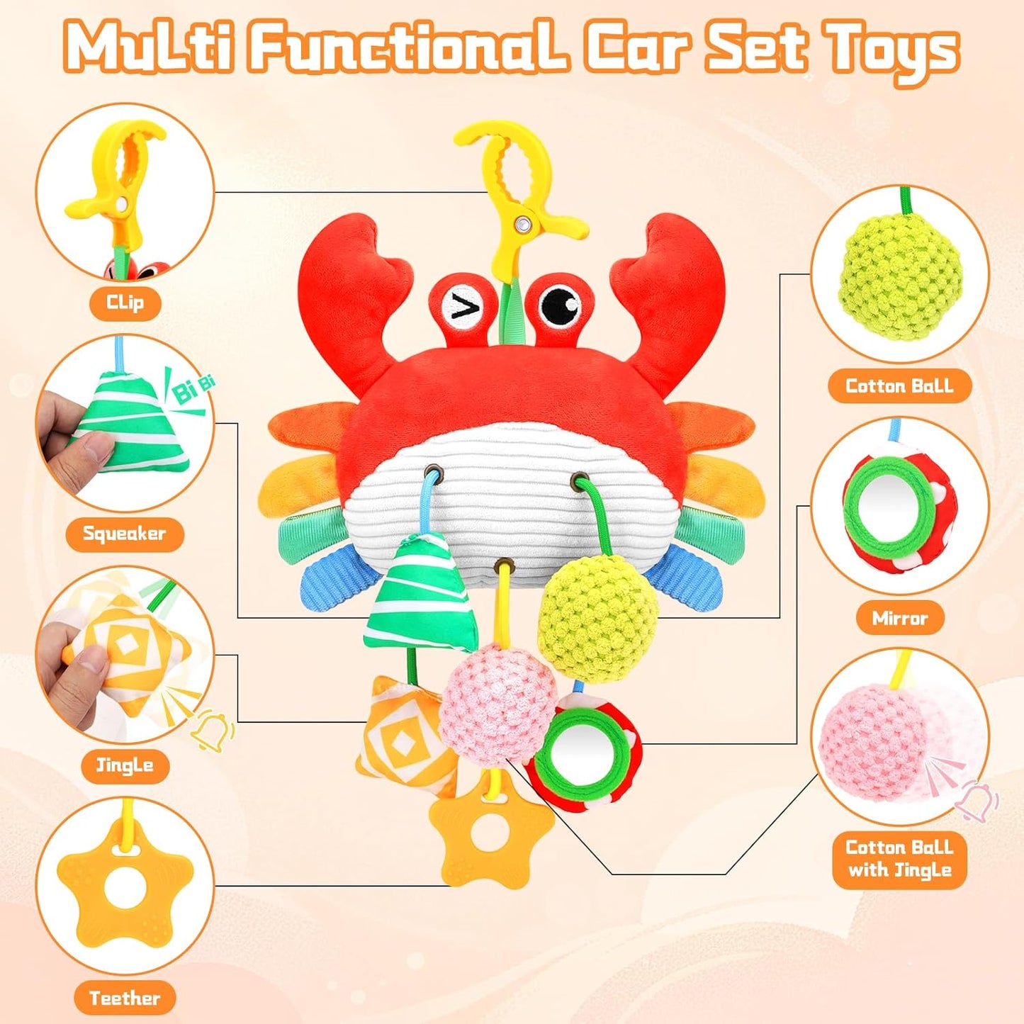 Car Seat Toys for Babies 0-6 Months, Baby Hanging Toys for Car Seat, Stroller, Crib, Gym with Pulling Cords, Rattle, Mirror, Stroller Toys for Baby Infant Newborn Toddler Boy Girl Easter Gifts