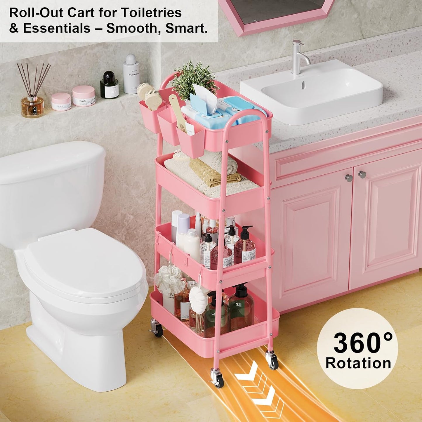 3 Tier Heavy Duty White Metal Rolling Cart with Lockable Wheels, Three Tier Roller Book Snack Cart, Utility Storage Organizer Carts for Kitchen, Bathroom, Garage, Baby Diaper, Craft, Art, Teacher