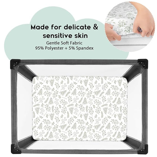Yoofoss Pack and Play Sheets Fitted, Mini Crib Sheets 2-Pack for Pack N Play Mattress, Stretchy Playard Sheet, Soft and Breathable Green + Leaf