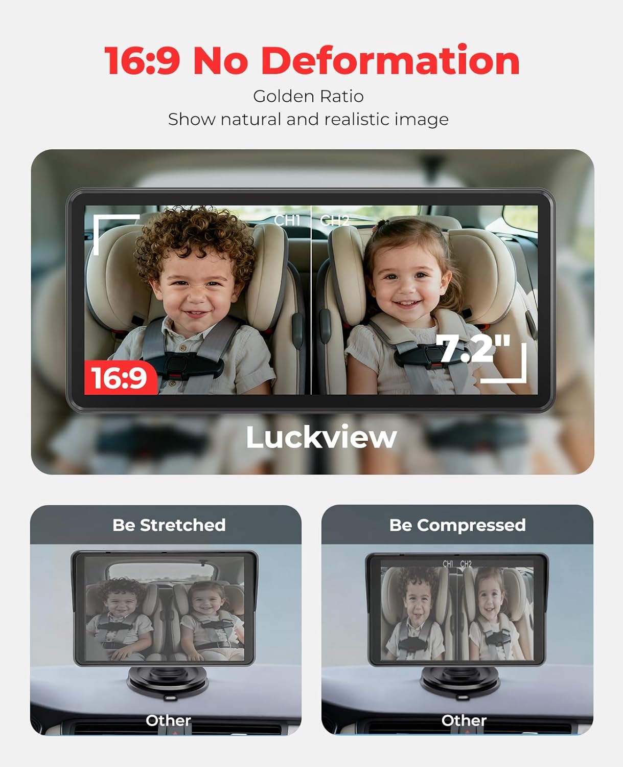 LUCKVIEW BM5PRO 7.2" Dual Camera Baby Monitor, 1080P HD Display for 2 Kids, Night Vision, Easy Install Car Baby Monitor, Ideal Gift, Rear Seat Safety for Babies & Pets