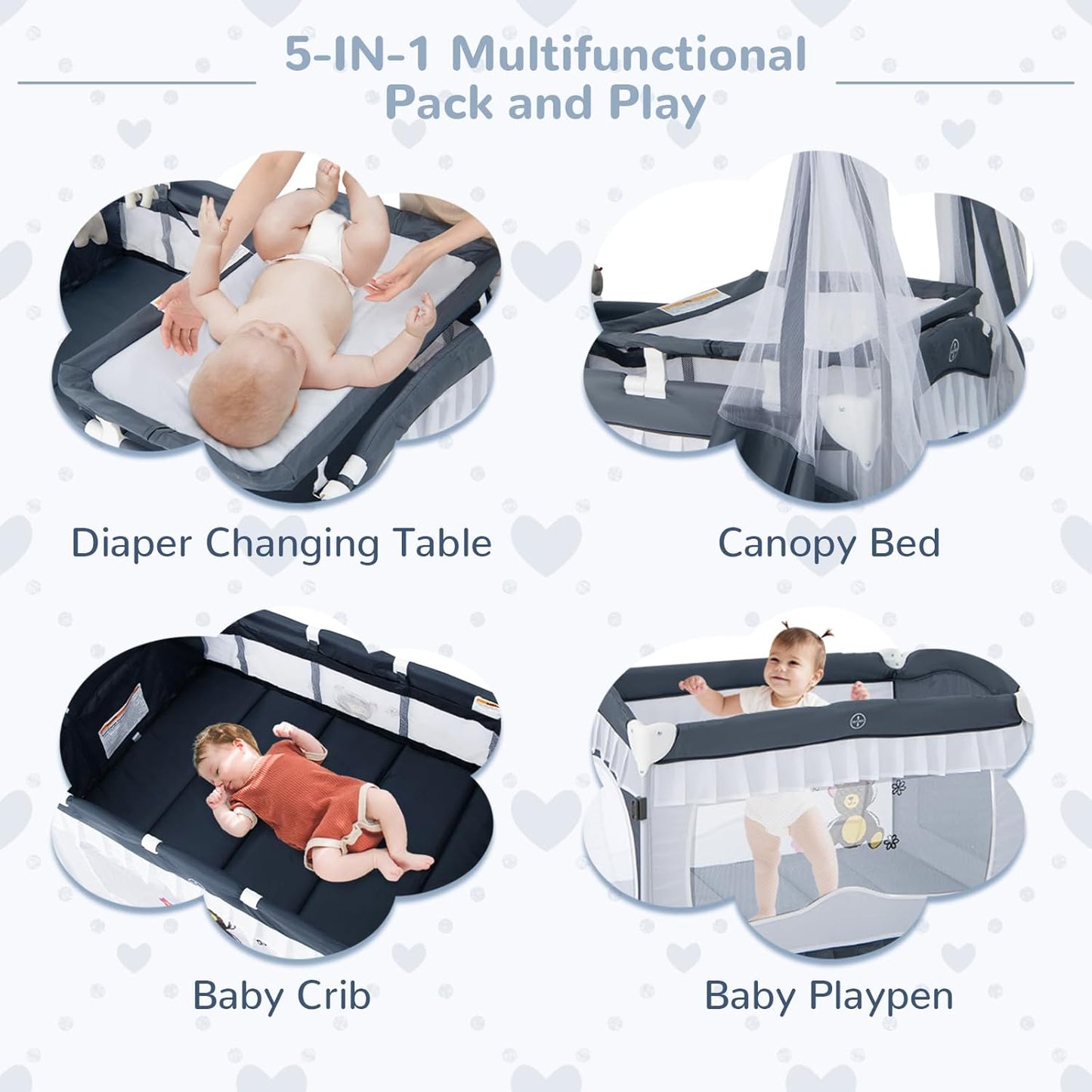 HONEY JOY 4-in-1 Pack and Play with Canopy, Portable Baby Playard w/Changing Table and Infant Bassinet, Cute Toys & Music, Foldable Bassinet for Newborn and Toddler (Hot Pink)