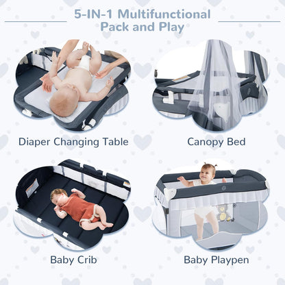 HONEY JOY 4-in-1 Pack and Play with Canopy, Portable Baby Playard w/Changing Table and Infant Bassinet, Cute Toys & Music, Foldable Bassinet for Newborn and Toddler (Hot Pink)