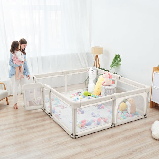 Sweeby Foldable Baby Playpen, Baby Gate Playpens for Babies and Toddlers 79x71 Extra Large Play Yard with Door Fence with Mat and Indoor Play Pen,Light Grey