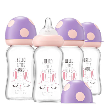 YOHKOH Natural Glass Baby Bottle with Level 1 Slow Flow Nipple, Newborn Anti-Colic Baby Bottles, Wide Neck Mushroom Baby Glass Bottle (Multicolour-A, 3.4oz (Pack of 4))