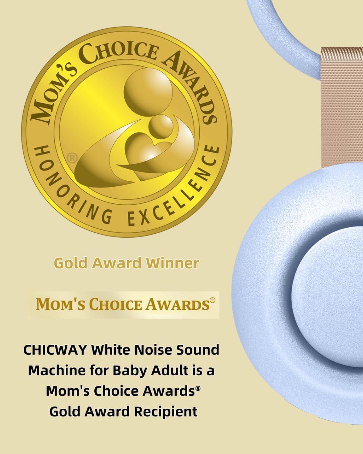 CHICWAY 2026 Mom's Choice Awards, Portable Sound Machine for Baby Adult, AI Cry Detection, 18 Soothing Sound, Bluetooth Rechargeable White Noise Machine for Home Office Travel, Nursery Light, Gray
