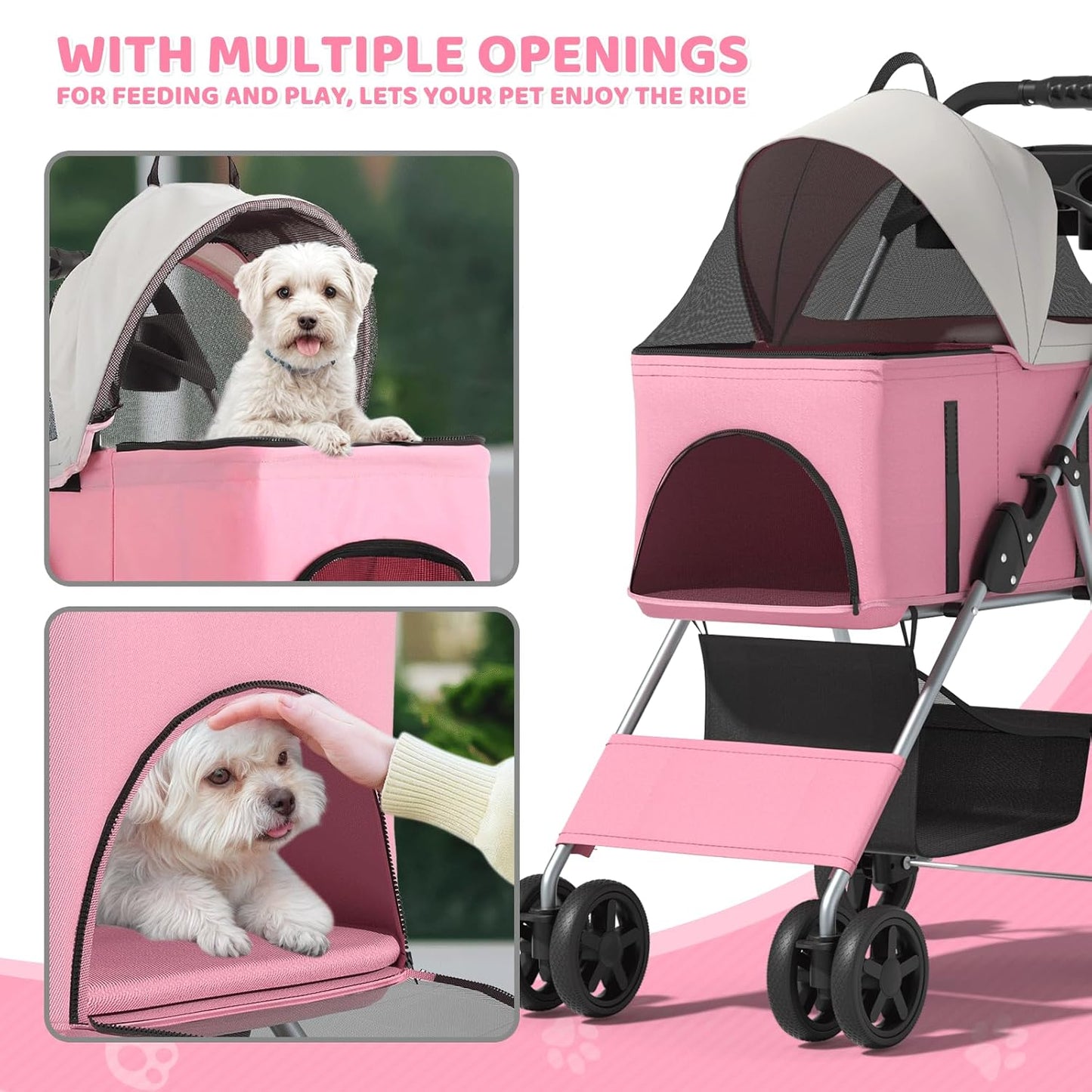 Magshion Compact Pet Stroller for Small-Medium Dogs/Cats up to 22lbs, 4-Wheel Lightweight Umbrella Shaped Portable Puppy Travel Jogger with Breathable Mesh, Cup Holder & Rear Storage, Black