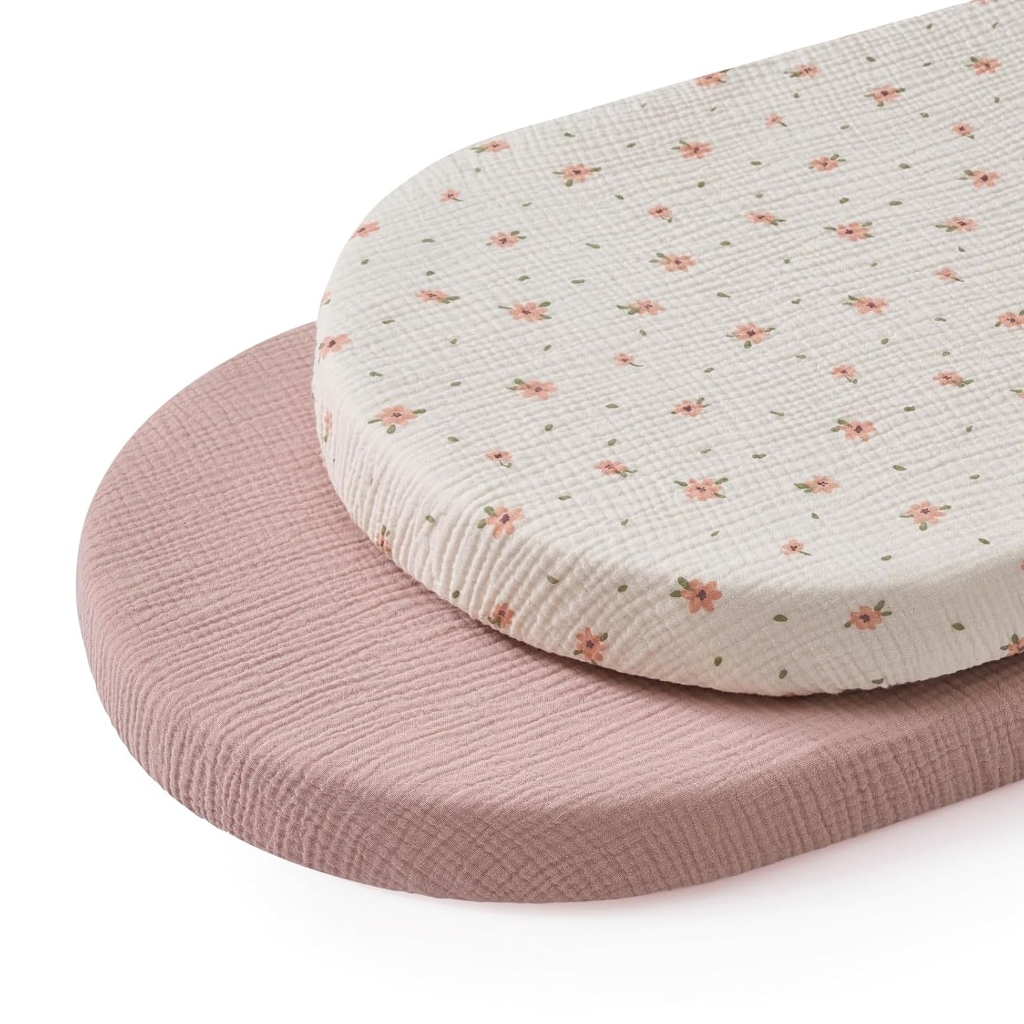 Blissful Diary Muslin Bassinet Sheets for Baby Girls Boys, Boho Soft Cotton Fitted for Oval Hourglass Rectangle Mattress, 2 Pack(Sunshine&Brown)