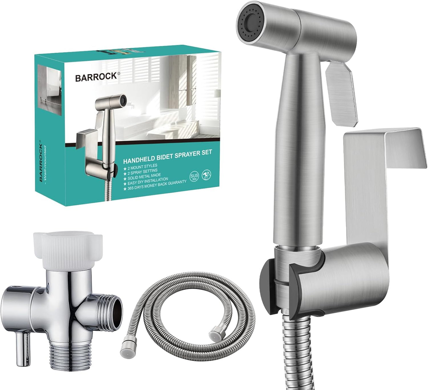 BARROCK Handheld Bidet Sprayer for Toilet, Stainless Steel Metal Made Baby Cloth Diaper Spraying Kit, Bathroom Toilet Bidet Attachment Set for Bathing Pets and Feminine Hygiene, Matte Black