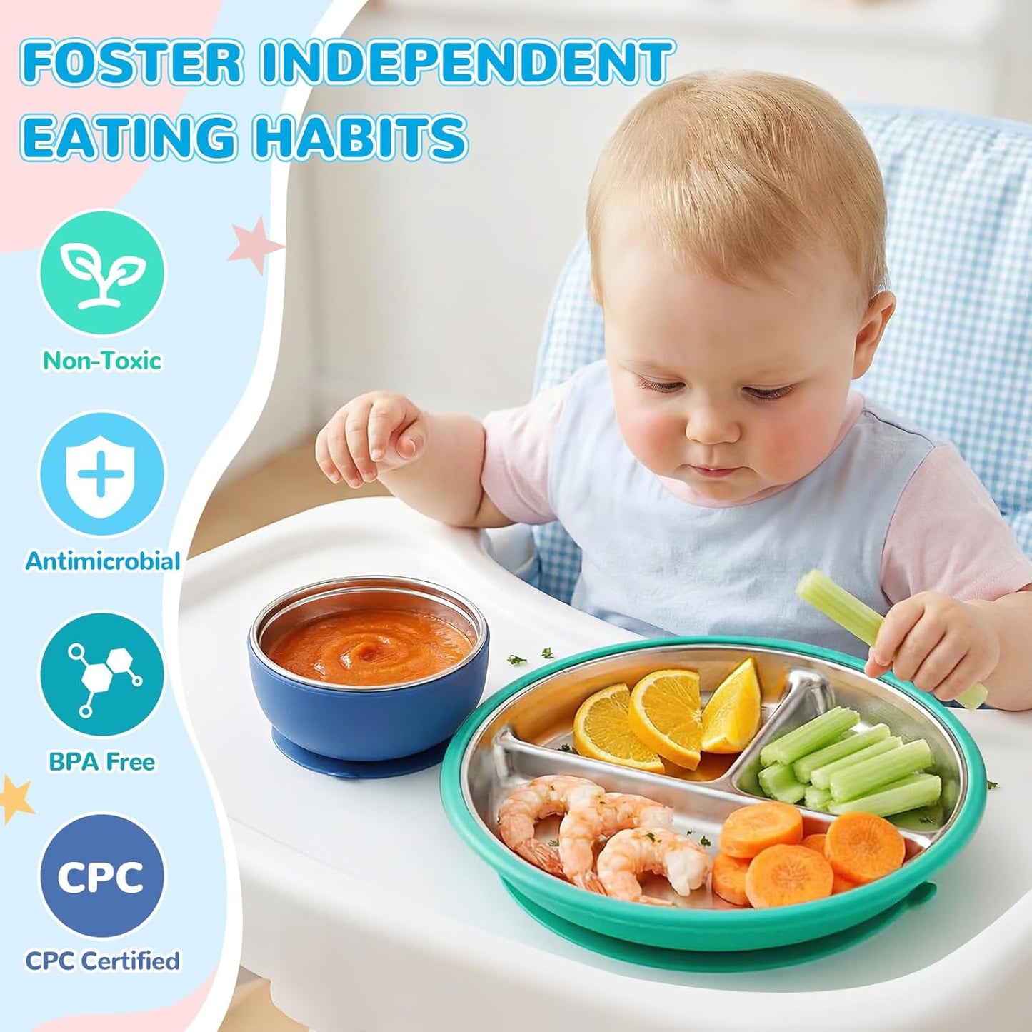 Havawish 8 Pcs Stainless Steel Baby Plate and Bowls with Suction, 8.3" Kid Divided Plate and 4" Toddler Bowl with Removable Silicone, BPA-free Non-slip Baby Feed Set Dishwasher Safe for Boy Girl(Pink)