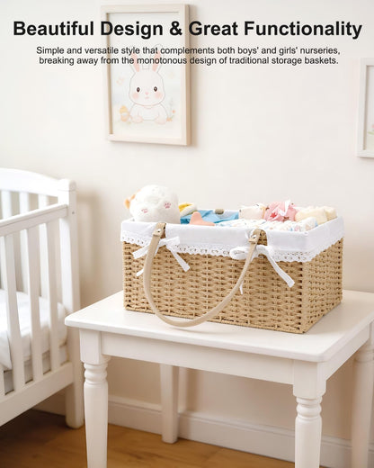 Large Baby Diaper Caddy Basket - Wicker Paper Rope Storage Baskets Portable Woven Car Organizer for Diapers With Cotton Divider Brown