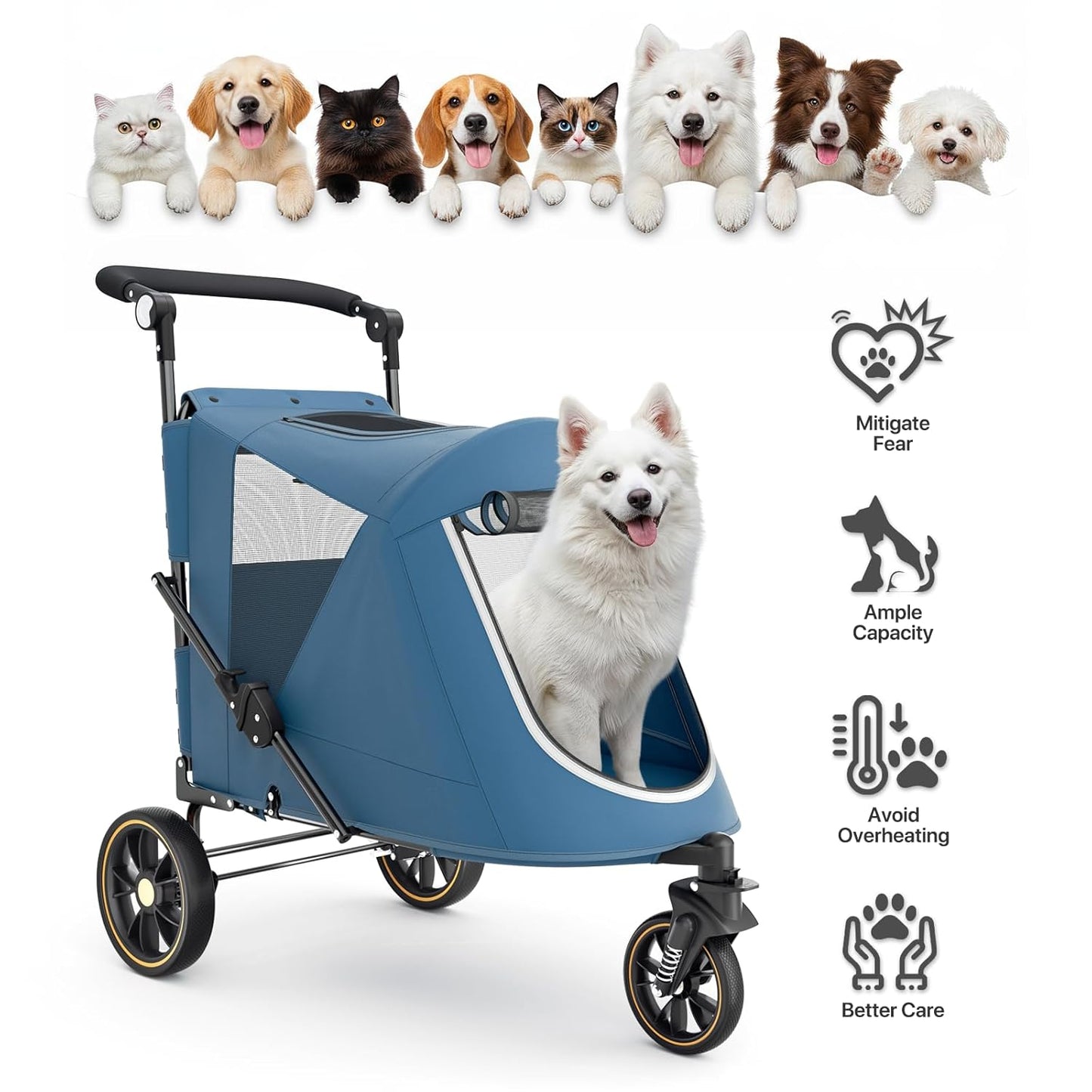 MoNiBloom Large Pet Stroller with Anti-Slip Ramp, Heavy Duty Dog Stroller Up to 99lb, Safe & Gentle Mobility Aid, All-Terrain Wheels, Idea for Injured, Disabled, & Senior Dog