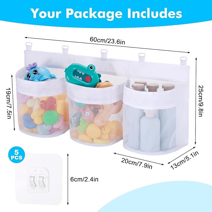 Bath Toy Storage Organizer, 3 Compartment Bath Toy Holder for Tubs, Large Capacity & Quick-Drying Mesh - 5 Strong Adhesive Hooks for Easy Access