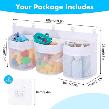 Bath Toy Storage Organizer, 3 Compartment Bath Toy Holder for Tubs, Large Capacity & Quick-Drying Mesh - 5 Strong Adhesive Hooks for Easy Access