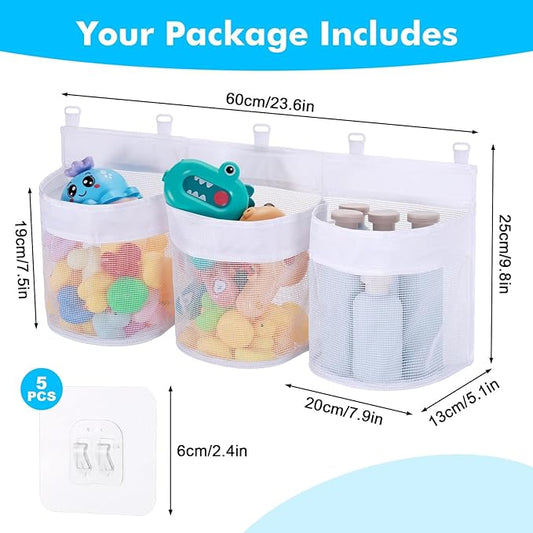 Bath Toy Storage Organizer, 3 Compartment Bath Toy Holder for Tubs, Large Capacity & Quick-Drying Mesh - 5 Strong Adhesive Hooks for Easy Access