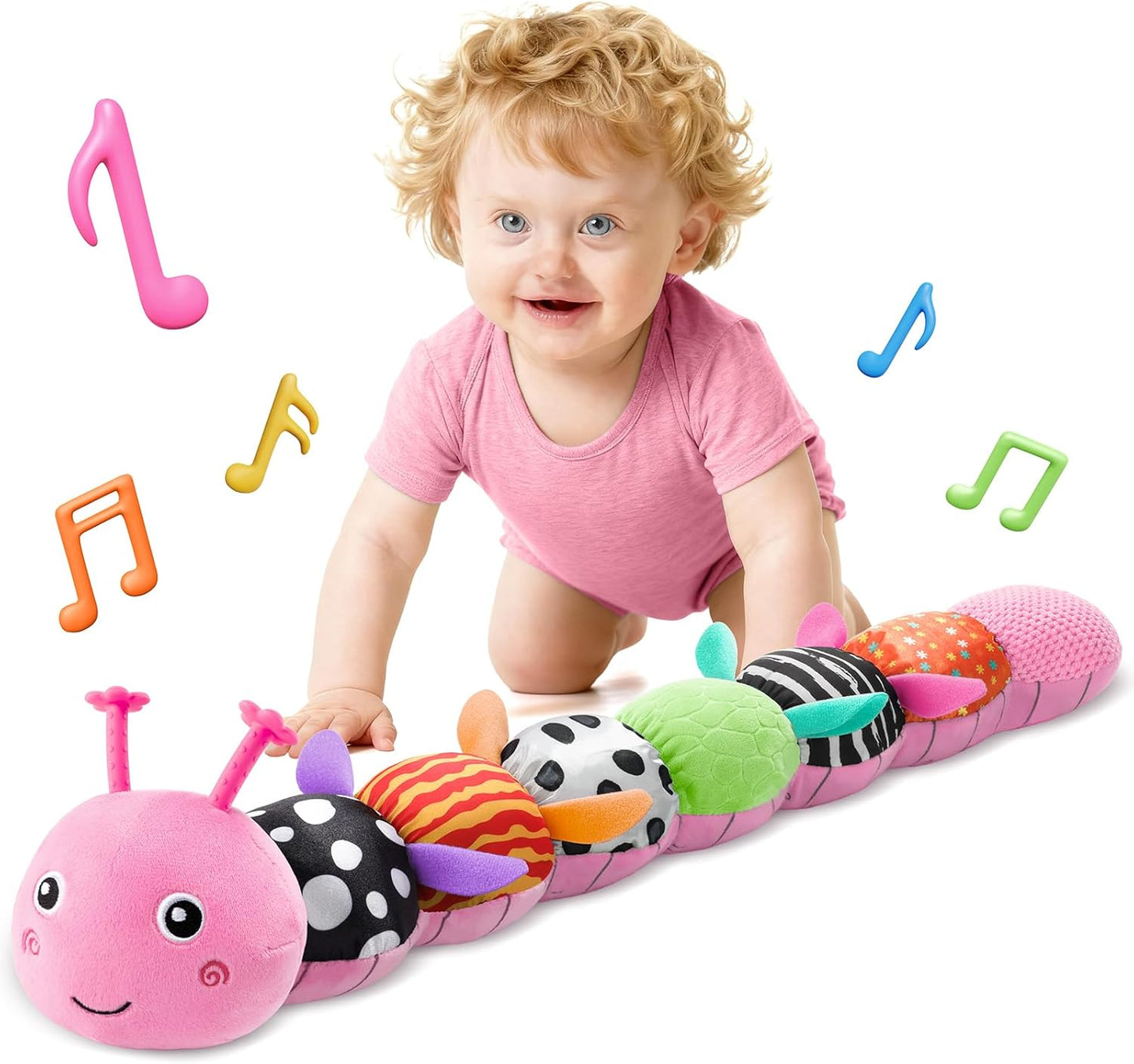 HEMRLY Baby Sensory Toy 0-6 Months, Musical Stuffed Caterpillar Plush with Teether, Crinkle, Rattle, Baby Mirror for Tummy Time, Infant Car Seat Toy for 0-3-6-12 Month Boys Girls Gifts - Knotted Green