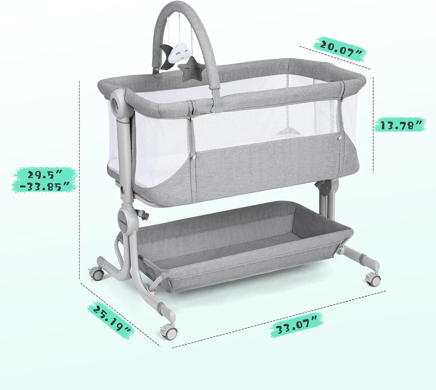 Cowiewie Baby Bassinet 4-Sided Mesh Bedside Sleeper with Wheels for Infant/Newborn Foldable Adjustable Height Portable Bedside Crib(Grey) | Breathable Mesh