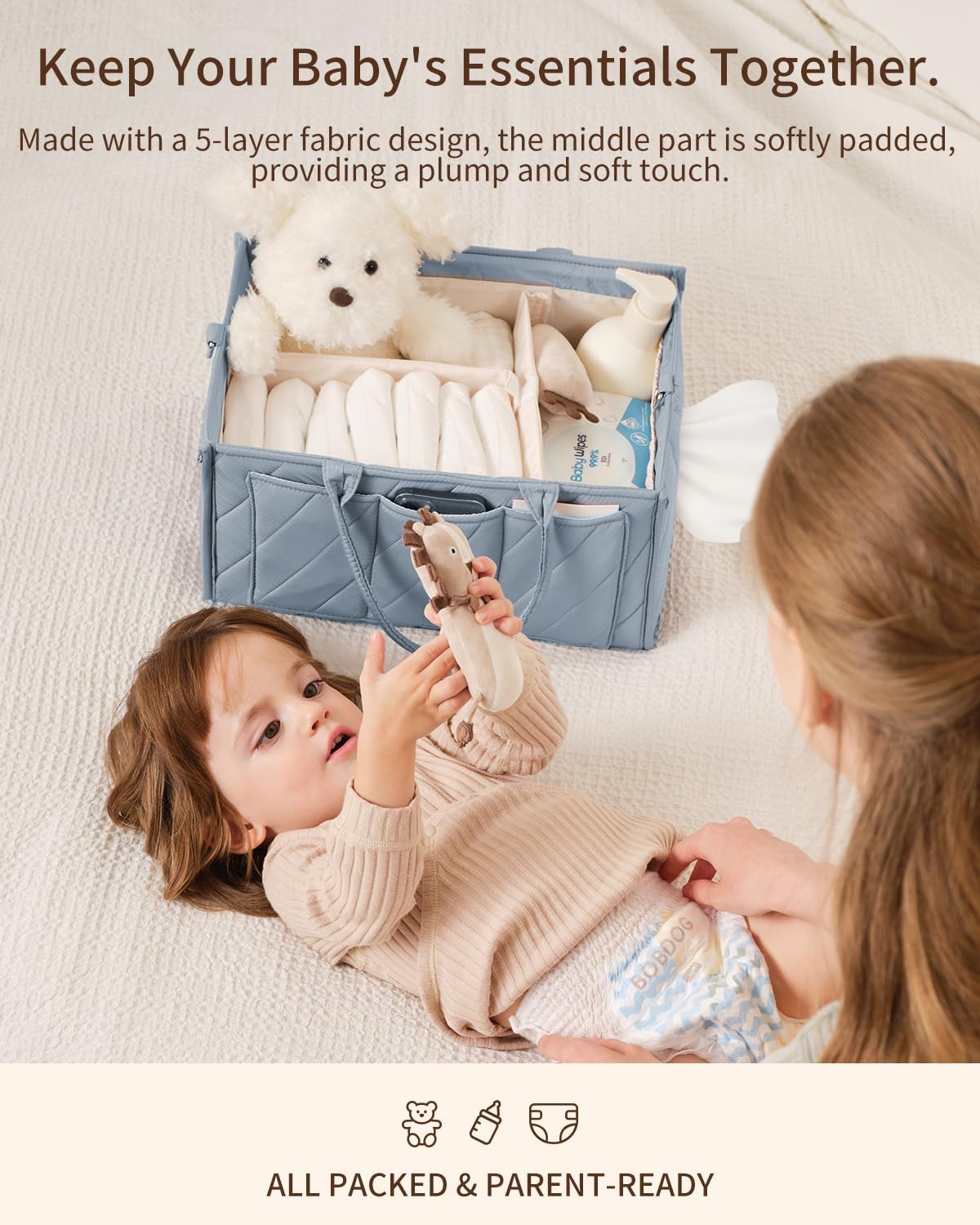 Baby Boy Essentials Diaper Caddy Organizer – Portable Storage Basket with Shoulder Strap & Stroller Hooks, Splashproof Quilted Nursery & Car Tote, Baby Gifts for Baby Shower, Classic Blue