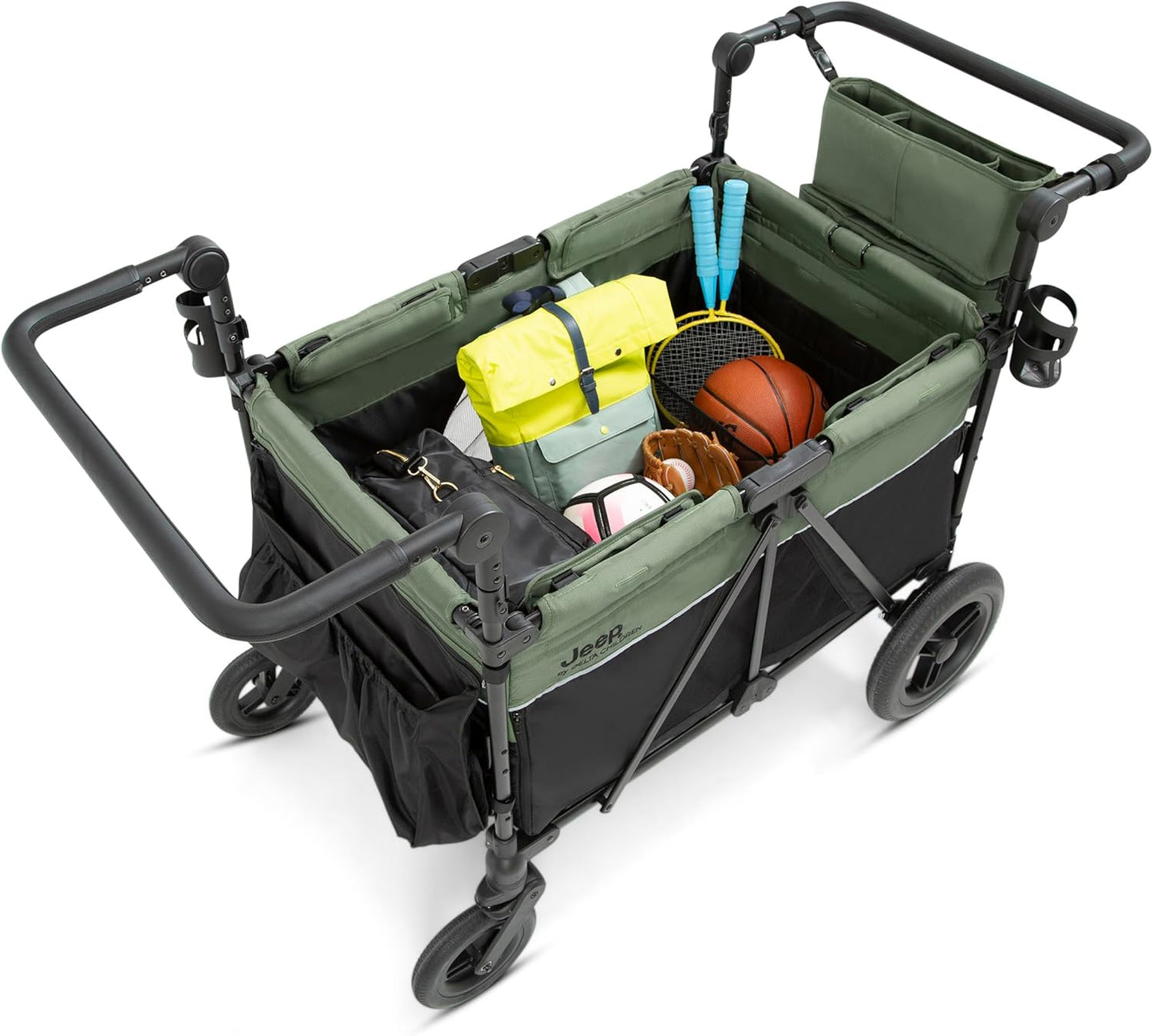 Jeep Wrangler Deluxe 4 Seater Stroller Wagon by Delta Children - Premium Quad Stroller Wagon for 4 Kids with Convertible Seats, Adjustable Push/Pull Handles, Removable Canopy & Flat Fold, Grey