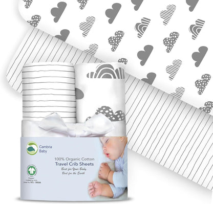 100% Organic Cotton Fitted Sheets for Graco Pack n Play, Babyletto, Pamo Babe, Hiccapop, Dream on Me, Evenflo, Baby Trend, Hygge Hush Portable/Mini Crib/Playards, Beka Bedside Bassinet 2 Pk