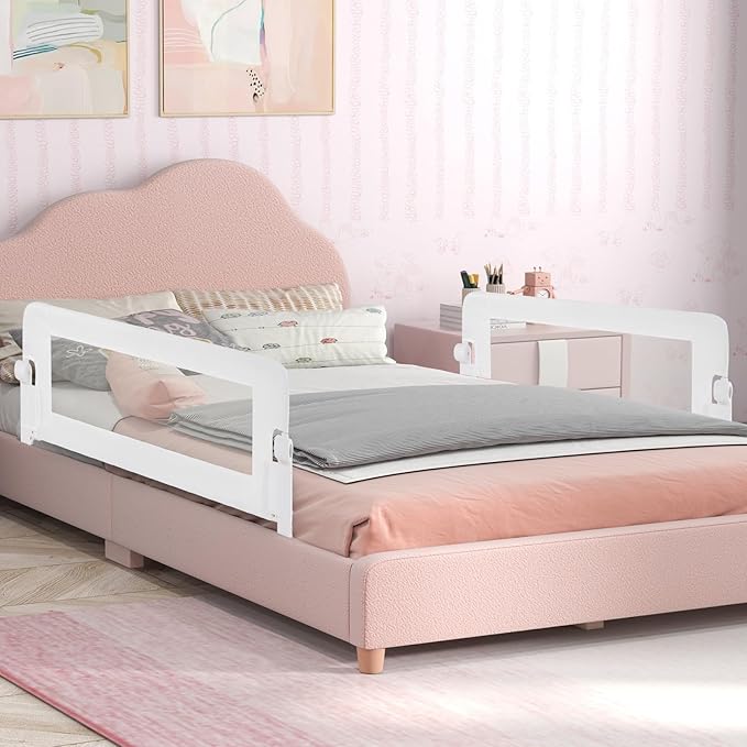 BABY JOY Double Sided Bed Rail Guard, 2 Pack, Extra Long, Swing Down for Convertible Crib, Folding Baby Safety Bedrail for Kids Twin Full Size Queen King Mattress, Rails for Toddlers (White, 47")